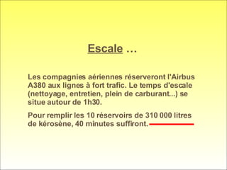 Escale  …   Les compagnies aériennes réserveront l'Airbus A380 aux lignes à fort trafic. Le temps d'escale (nettoyage, entretien, plein de carburant...) se situe autour de 1h30.  Pour remplir les 10 réservoirs de 310 000 litres de kérosène, 40 minutes suffiront.  