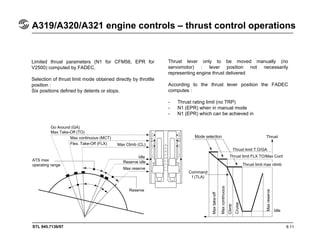 STL 945.7136/97 8.11
A319/A320/A321 engine controls – thrust control operations
Limited thrust parameters (N1 for CFM56, EPR for
V2500) computed by FADEC.
Selection of thrust limit mode obtained directly by throttle
position :
Six positions defined by detents or stops.
Thrust lever only to be moved manually (no
servomotor) : lever position not necessarily
representing engine thrust delivered
According to the thrust lever position the FADEC
computes :
- Thrust rating limit (no TRP)
- N1 (EPR) when in manual mode
- N1 (EPR) which can be achieved in
Go Around (GA)
Max Take-Off (TO)
Max continuous (MCT)
Flex. Take-Off (FLX) Max Climb (CL)
ATS max
operating range
Idle
Reserve idle
Max reserve
Reserve
Mode selection Thrust
Thrust limit T.O/GA
Thrust limit FLX TO/Max Cont
Thrust limit max climb
Command
f (TLA)
Maxreserve
Maxcontinuous
Climb
Cruise
Maxtake-off
Idle
 