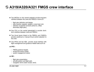 STL 945.7136/97 10.7
A319/A320/A321 FMGS crew interface
Two MCDUs on the central pedestal provide long-term
interface between the crew and FMGCs in terms of :
- flight plan definition and display
- data insertion (speeds, weights, cruise level, etc)
- selection of specific functions (direct to, offset,
secondary flight plan).
One FCU on the central glareshield to provide short-
term interface between crew and FMGCs.
Two thrust levers linked to the FMGCs and FADECs
provide autothrust or manual thrust control selection to
the crew.
Two PFDs and two NDs provide visual interface with
flight management and guidance related data such as :
on PFD :
- FMGS guidance targets,
- armed and active modes
- system engagement status
on ND :
- flight plan presentation,
- aircraft position and flight path,
- navigation items (radio navaid, wind).
 