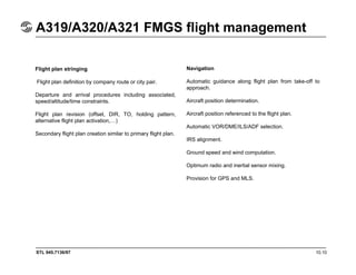 STL 945.7136/97 10.10
A319/A320/A321 FMGS flight management
Flight plan stringing
Flight plan definition by company route or city pair.
Departure and arrival procedures including associated,
speed/altitude/time constraints.
Flight plan revision (offset, DIR, TO, holding pattern,
alternative flight plan activation,…)
Secondary flight plan creation similar to primary flight plan.
Navigation
Automatic guidance along flight plan from take-off to
approach.
Aircraft position determination.
Aircraft position referenced to the flight plan.
Automatic VOR/DME/ILS/ADF selection.
IRS alignment.
Ground speed and wind computation.
Optimum radio and inertial sensor mixing.
Provision for GPS and MLS.
 