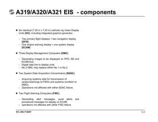 STL 945.7136/97 12.3
A319/A320/A321 EIS - components
Six identical (7.25 in x 7.25 in) cathode ray tubes Display
Units (DU), including integrated graphics generator :
- Two primary flight displays + two navigation display
(EFIS)
- One engine warning display + one system display
(ECAM)
Three Display Management Computers (DMC)
- Generating images to be displayed on PFD, ND and
ECAM Dus
- Digital data link to display units
- No.3 DMC may replace either No.1 or No.2
Two System Data Acquisition Concentrators (SDAC)
- Acquiring systems data for transmission of
caution/warnings to FWCs and systems condition to
DMCs
- Operations not affected with either SDAC failure.
Two Flight Warning Computers (FWC)
- Generating alert messages, aural alerts and
procedural messages for display on ECAM
- operations not affected with either FWC failure.
 