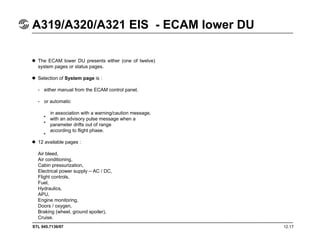 STL 945.7136/97 12.17
A319/A320/A321 EIS - ECAM lower DU
The ECAM lower DU presents either (one of twelve)
system pages or status pages.
Selection of System page is :
- either manual from the ECAM control panel,
- or automatic
in association with a warning/caution message,
with an advisory pulse message when a
parameter drifts out of range
according to flight phase.
12 available pages :
Air bleed,
Air conditioning,
Cabin pressurization,
Electrical power supply – AC / DC,
Flight controls,
Fuel,
Hydraulics,
APU,
Engine monitoring,
Doors / oxygen,
Braking (wheel, ground spoiler),
Cruise.
•
•
•
 