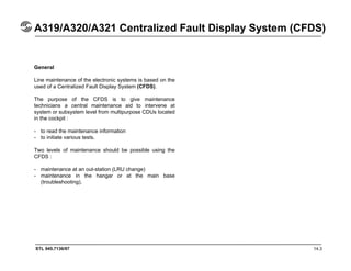STL 945.7136/97 14.3
A319/A320/A321 Centralized Fault Display System (CFDS)
General
Line maintenance of the electronic systems is based on the
used of a Centralized Fault Display System (CFDS).
The purpose of the CFDS is to give maintenance
technicians a central maintenance aid to intervene at
system or subsystem level from multipurpose CDUs located
in the cockpit :
- to read the maintenance information
- to initiate various tests.
Two levels of maintenance should be possible using the
CFDS :
- maintenance at an out-station (LRU change)
- maintenance in the hangar or at the main base
(troubleshooting).
 