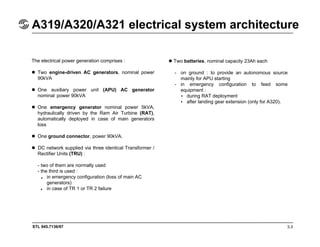 STL 945.7136/97 3.3
A319/A320/A321 electrical system architecture
The electrical power generation comprises :
Two engine-driven AC generators, nominal power
90kVA
One auxiliary power unit (APU) AC generator
nominal power 90kVA
One emergency generator nominal power 5kVA,
hydraulically driven by the Ram Air Turbine (RAT),
automatically deployed in case of main generators
loss
One ground connector, power 90kVA.
DC network supplied via three identical Transformer /
Rectifier Units (TRU) :
- two of them are normally used
- the third is used :
in emergency configuration (loss of main AC
generators)
in case of TR 1 or TR 2 failure
Two batteries, nominal capacity 23Ah each
- on ground : to provide an autonomous source
mainly for APU starting
- in emergency configuration to feed some
equipment :
during RAT deployment
after landing gear extension (only for A320).
•
•
•
•
 