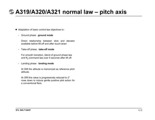 STL 945.7136/97
A319/A320/A321 normal law – pitch axis
5.12
Adaptation of basic control law objectives to :
- Ground phase : ground mode
Direct relationship between stick and elevator
available before lift-off and after touch-down
- Take-off phase : take-off mode
For smooth transition, blend of ground phase law
and Nz command law over 5 seconds after lift off.
- Landing phase : landing mode
At 50ft the attitude is memorized as reference pitch
attitude.
At 30ft this value is progressively reduced to 2°
nose down to induce gentle positive pilot action for
a conventional flare.
 