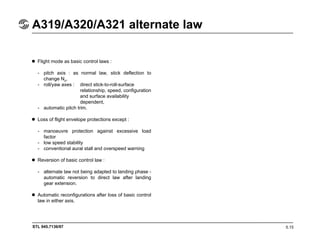 STL 945.7136/97
A319/A320/A321 alternate law
5.15
Flight mode as basic control laws :
- pitch axis : as normal law, stick deflection to
change Nz,
- roll/yaw axes : direct stick-to-roll-surface
relationship, speed, configuration
and surface availability
dependent,
- automatic pitch trim.
Loss of flight envelope protections except :
- manoeuvre protection against excessive load
factor
- low speed stability
- conventional aural stall and overspeed warning
Reversion of basic control law :
- alternate law not being adapted to landing phase -
automatic reversion to direct law after landing
gear extension.
Automatic reconfigurations after loss of basic control
law in either axis.
 