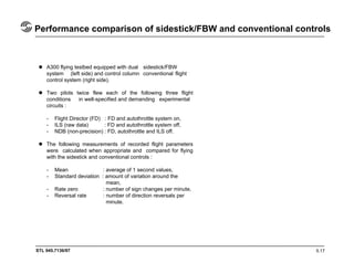 STL 945.7136/97
Performance comparison of sidestick/FBW and conventional controls
5.17
A300 flying testbed equipped with dual sidestick/FBW
system (left side) and control column conventional flight
control system (right side).
Two pilots twice flew each of the following three flight
conditions in well-specified and demanding experimental
circuits :
- Flight Director (FD) : FD and autothrottle system on,
- ILS (raw data) : FD and autothrottle system off,
- NDB (non-precision) : FD, autothrottle and ILS off.
The following measurements of recorded flight parameters
were calculated when appropriate and compared for flying
with the sidestick and conventional controls :
- Mean : average of 1 second values,
- Standard deviation : amount of variation around the
mean,
- Rate zero : number of sign changes per minute,
- Reversal rate : number of direction reversals per
minute.
 