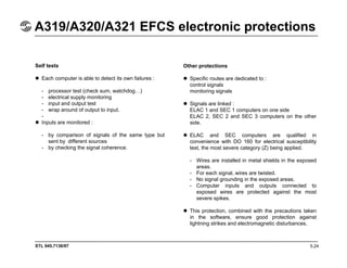 STL 945.7136/97
A319/A320/A321 EFCS electronic protections
5.24
Self tests
Each computer is able to detect its own failures :
- processor test (check sum, watchdog…)
- electrical supply monitoring
- input and output test
- wrap around of output to input.
-
Inputs are monitored :
- by comparison of signals of the same type but
sent by different sources
- by checking the signal coherence.
Other protections
Specific routes are dedicated to :
control signals
monitoring signals
Signals are linked :
ELAC 1 and SEC 1 computers on one side
ELAC 2, SEC 2 and SEC 3 computers on the other
side.
ELAC and SEC computers are qualified in
convenience with DO 160 for electrical susceptibility
test, the most severe category (Z) being applied.
- Wires are installed in metal shields in the exposed
areas.
- For each signal, wires are twisted.
- No signal grounding in the exposed areas.
- Computer inputs and outputs connected to
exposed wires are protected against the most
severe spikes.
This protection, combined with the precautions taken
in the software, ensure good protection against
lightning strikes and electromagnetic disturbances.
 