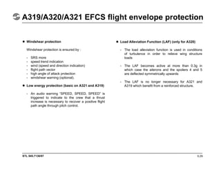 STL 945.7136/97
A319/A320/A321 EFCS flight envelope protection
5.29
Windshear protection
Windshear protection is ensured by :
- SRS more
- speed trend indication
- wind (speed and direction indication)
- flight path vector
- high angle of attack protection
- windshear warning (optional).
Low energy protection (basic on A321 and A319)
- An audio warning “SPEED, SPEED, SPEED” is
triggered to indicate to the crew that a thrust
increase is necessary to recover a positive flight
path angle through pitch control.
Load Alleviation Function (LAF) (only for A320)
- The load alleviation function is used in conditions
of turbulence in order to relieve wing structure
loads
- The LAF becomes active at more than 0.3g in
which case the ailerons and the spoilers 4 and 5
are deflected symmetrically upwards
- The LAF is no longer necessary for A321 and
A319 which benefit from a reinforced structure.
 