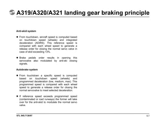 STL 945.7136/97
A319/A320/A321 landing gear braking principle
6.7
Anti-skid system
From touchdown, aircraft speed is computed based
on touchdown speed (wheels) and integrated
deceleration (ADIRS). This reference speed is
compared with each wheel speed to generate a
release order for closing the normal servo valve in
case of skid exceeding 13%.
Brake pedals order results in opening this
servovalve also modulated by anti-ski closing
signals.
Autobrake system
From touchdown a specific speed is computed
based on touchdown speed (wheels) and
programmed deceleration (low, medium, max). This
programmed speed is compared with each wheel
speed to generate a release order for closing the
normal servovalve to meet selected deceleration.
If reference speed exceeds programmed speed
(contaminated or iced runways) the former will take
over for the anti-skid to modulate the normal servo
valve.
 