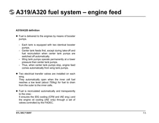 STL 945.7136/97
A319/A320 fuel system – engine feed
7.5
A319/A320 definition
Fuel is delivered to the engines by means of booster
pumps.
- Each tank is equipped with two identical booster
pumps.
- Center tank feeds first, except during take-off and
fuel recirculation when center tank pumps are
switched off automatically.
- Wing tank pumps operate permanently at a lower
pressure than center tank pumps.
- Thus, when center tank pumps stop, engine feed
comes automatically from wing tank pumps.
Two electrical transfer valves are installed on each
wing.
They automatically open when the inner cell fuel
reaches a low level (about 750kg) for fuel to drain
from the outer to the inner cells.
Fuel is recirculated automatically and transparently
to the crew :
It ensures the IDG cooling (CFM and IAE eng.) and
the engine oil cooling (IAE only) through a set of
valves controlled by the FADEC.
 