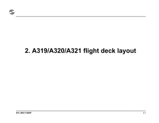 STL 945.7136/97 2.3
A319/A320/A321 flight deck – plan view
Capt. sidestick F / O sidestick
F / O nav. bag
3rd
occupant sea...