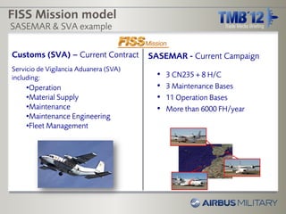 FISS Mission model
SASEMAR & SVA example

Customs (SVA) – Current Contract        SASEMAR - Current Campaign
Servicio de Vigilancia Aduanera (SVA)
including:                                •   3 CN235 + 8 H/C
    •Operation                            •   3 Maintenance Bases
    •Material Supply                      •   11 Operation Bases
    •Maintenance                          •   More than 6000 FH/year
    •Maintenance Engineering
    •Fleet Management
 