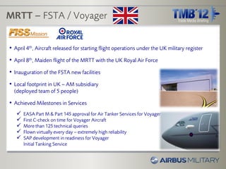 MRTT – FSTA / Voyager


• April 4th, Aircraft released for starting flight operations under the UK military register
• April 8th, Maiden flight of the MRTT with the UK Royal Air Force
• Inauguration of the FSTA new facilities
• Local footprint in UK – AM subsidiary
  (deployed team of 5 people)

• Achieved Milestones in Services
      EASA Part M & Part 145 approval for Air Tanker Services for Voyager
      First C-check on time for Voyager Aircraft
      More than 125 technical queries
      Flown virtually every day – extremely high reliability
      SAP development in readiness for Voyager
       Initial Tanking Service
 