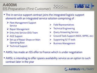 A400M
EIS Preparation (First Customer)
• The in-service support contract joins the integrated logistic support
 elements with an integrated service solution comprising of :
   Fleet Management Support
      Service                            Field Representatives
     Repair Management                  Technical Engineering
     Entry Into Service (EIS) Team      Query Answering Service
     AGE Support                        Ground Tools Support (MDS, MPRS, etc)
     Set-up of Repair Shops on Main     Supporting IS/ IT tools
      Operating Base                     Business Management
     Technical Support

• AMSL has made an ISS offer to France which is under negotiation
• AMSL is intending to offer spares availability service as an option to such
 contract later in the year
 