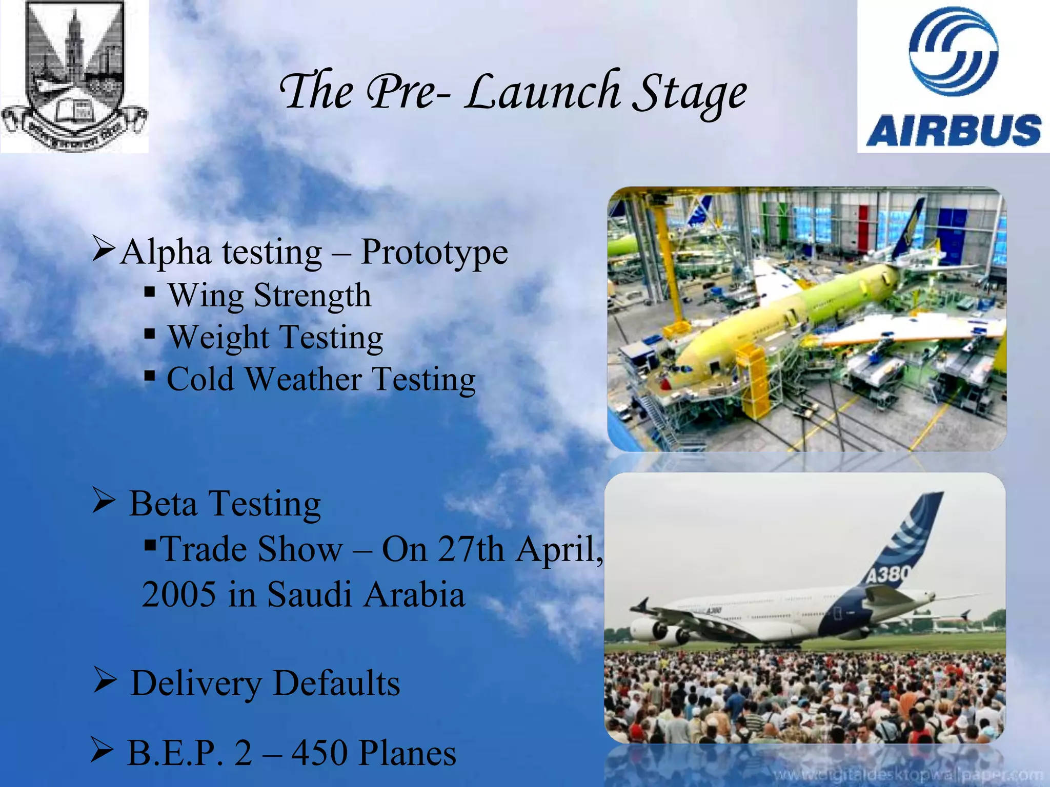 Alpha testing – Prototype Wing Strength Weight Testing Cold Weather Testing Beta Testing Trade Show – On 27th April, 2005 in Saudi Arabia Delivery Defaults B.E.P. 2 – 450 Planes  The Pre- Launch Stage 