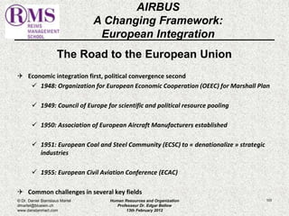 The Road to the European Union 
 Economic integration first, political convergence second 
 1948: Organization for European Economic Cooperation (OEEC) for Marshall Plan 
 1949: Council of Europe for scientific and political resource pooling 
 1950: Association of European Aircraft Manufacturers established 
 1951: European Coal and Steel Community (ECSC) to « denationalize » strategic 
industries 
 1955: European Civil Aviation Conference (ECAC) 
 Common challenges in several key fields 
103 
AIRBUS 
A Changing Framework: 
European Integration 
© Dr. Daniel Stanislaus Martel 
dmartel@bluewin.ch 
www.danstanmart.com 
Human Resources and Organization 
Professeur Dr. Edgar Bellow 
13th February 2012 
 