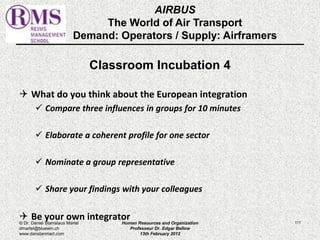 AIRBUS 
The World of Air Transport 
Demand: Operators / Supply: Airframers 
Classroom Incubation 4 
 What do you think about the European integration 
 Compare three influences in groups for 10 minutes 
 Elaborate a coherent profile for one sector 
 Nominate a group representative 
 Share your findings with your colleagues 
 Be your own integrator 
© Dr. Daniel Stanislaus Martel Human Resources and Organization 
111 
dmartel@bluewin.ch 
Professeur Dr. Edgar Bellow 
www.danstanmart.com 
13th February 2012 
 