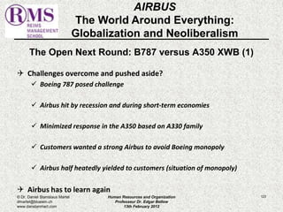The Open Next Round: B787 versus A350 XWB (1) 
 Challenges overcome and pushed aside? 
 Boeing 787 posed challenge 
 Airbus hit by recession and during short-term economies 
 Minimized response in the A350 based on A330 family 
 Customers wanted a strong Airbus to avoid Boeing monopoly 
 Airbus half heatedly yielded to customers (situation of monopoly) 
 Airbus has to learn again 
123 
AIRBUS 
The World Around Everything: 
Globalization and Neoliberalism 
© Dr. Daniel Stanislaus Martel 
dmartel@bluewin.ch 
www.danstanmart.com 
Human Resources and Organization 
Professeur Dr. Edgar Bellow 
13th February 2012 
 