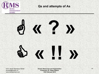 144 
Qs and attempts of As 
 « ? » 
 « !! » 
Human Resources and Organization 
Professeur Dr. Edgar Bellow 
13th February 2012 
© Dr. Daniel Stanislaus Martel 
dmartel@bluewin.ch 
www.danstanmart.com 
