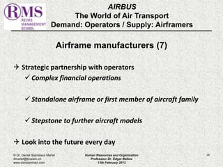 AIRBUS 
The World of Air Transport 
Demand: Operators / Supply: Airframers 
Airframe manufacturers (7) 
 Strategic partnership with operators 
 Complex financial operations 
 Standalone airframe or first member of aircraft family 
 Stepstone to further aircraft models 
 Look into the future every day 
© Dr. Daniel Stanislaus Martel Human Resources and Organization 
22 
dmartel@bluewin.ch 
Professeur Dr. Edgar Bellow 
www.danstanmart.com 
13th February 2012 
 