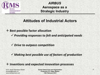 AIRBUS 
Aerospace as a 
Strategic Industry 
Attitudes of Industrial Actors 
 Best possible factor allocation 
 Providing responses to felt and anticipated needs 
 Drive to outpace competition 
Making best possible use of factors of production 
 Inventions and expected innovation processes 
© Dr. Daniel Stanislaus Martel Human Resources and Organization 
27 
dmartel@bluewin.ch 
Professeur Dr. Edgar Bellow 
www.danstanmart.com 
13th February 2012 
 