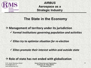 AIRBUS 
Aerospace as a 
Strategic Industry 
The State in the Economy 
Management of territory under its jurisdiction 
 Formal institutions governing population and activities 
 Elites try to optimize situation for re-election 
 Elites promote their interest within and outside state 
 Role of state has not ended with globalization 
© Dr. Daniel Stanislaus Martel Human Resources and Organization 
30 
dmartel@bluewin.ch 
Professeur Dr. Edgar Bellow 
www.danstanmart.com 
13th February 2012 
 