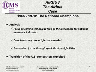 1965 - 1970: The National Champions 
 Analysis 
 Focus on coming technology leap as the last chance for national 
aerospace industries 
 Complementary product for same market 
 Economies of scale through specialization of facilities 
 Transition of the U.S. competitors exploited 
56 
AIRBUS 
The Airbus 
Case 
© Dr. Daniel Stanislaus Martel 
dmartel@bluewin.ch 
www.danstanmart.com 
Human Resources and Organization 
Professeur Dr. Edgar Bellow 
13th February 2012 
 