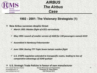 1992 - 2001: The Visionary Strategists (1) 
 New Airbus successes despite threat 
 March 1993: Maiden flight of A321 narrowbody 
 May 1993: Launch of smaller version of A320 for 130 passengers named A319 
 Assembled in Hamburg-Finkenwerder 
 June 1994: Boeing 777 Triple Seven twinjet maiden flight 
 U.S. ETOPS regulation extended to transpacific routes, leading to loss of 
comparative advantage of A340 qudrijet 
 U.S. Strategic Trade Policies in favour of own manufacturer 
72 
AIRBUS 
The Airbus 
Case 
© Dr. Daniel Stanislaus Martel 
dmartel@bluewin.ch 
www.danstanmart.com 
Human Resources and Organization 
Professeur Dr. Edgar Bellow 
13th February 2012 
 