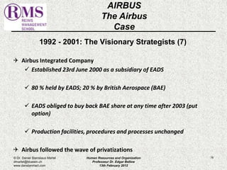 1992 - 2001: The Visionary Strategists (7) 
 Airbus Integrated Company 
 Established 23rd June 2000 as a subsidiary of EADS 
 80 % held by EADS; 20 % by British Aerospace (BAE) 
 EADS obliged to buy back BAE share at any time after 2003 (put 
option) 
 Production facilities, procedures and processes unchanged 
 Airbus followed the wave of privatizations 
78 
AIRBUS 
The Airbus 
Case 
© Dr. Daniel Stanislaus Martel 
dmartel@bluewin.ch 
www.danstanmart.com 
Human Resources and Organization 
Professeur Dr. Edgar Bellow 
13th February 2012 
 