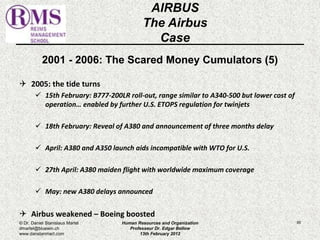 2001 - 2006: The Scared Money Cumulators (5) 
 2005: the tide turns 
 15th February: B777-200LR roll-out, range similar to A340-500 but lower cost of 
operation… enabled by further U.S. ETOPS regulation for twinjets 
 18th February: Reveal of A380 and announcement of three months delay 
 April: A380 and A350 launch aids incompatible with WTO for U.S. 
 27th April: A380 maiden flight with worldwide maximum coverage 
 May: new A380 delays announced 
 Airbus weakened – Boeing boosted 
85 
AIRBUS 
The Airbus 
Case 
© Dr. Daniel Stanislaus Martel 
dmartel@bluewin.ch 
www.danstanmart.com 
Human Resources and Organization 
Professeur Dr. Edgar Bellow 
13th February 2012 
 