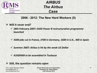 2006 - 2012: The New Hard Workers (5) 
 Will it never end? 
 28th February 2007: EADS Power 8 restructuration programme 
launched 
 4300 jobs cut in France, 3700 in Germany, 1600 in U.K., 400 in Spain 
 Summer 2007: Airbus is hit by the weak US Dollar 
 A350XWB to be assembled in Toulouse 
 Still, the question remains open 
92 
AIRBUS 
The Airbus 
Case 
© Dr. Daniel Stanislaus Martel 
dmartel@bluewin.ch 
www.danstanmart.com 
Human Resources and Organization 
Professeur Dr. Edgar Bellow 
13th February 2012 
 