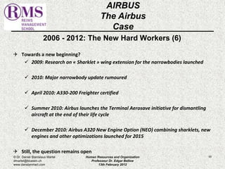 2006 - 2012: The New Hard Workers (6) 
 Towards a new beginning? 
 2009: Research on « Sharklet » wing extension for the narrowbodies launched 
 2010: Major narrowbody update rumoured 
 April 2010: A330-200 Freighter certified 
 Summer 2010: Airbus launches the Terminal Aerosave initiative for dismantling 
aircraft at the end of their life cycle 
 December 2010: Airbus A320 New Engine Option (NEO) combining sharklets, new 
engines and other optimizations launched for 2015 
 Still, the question remains open 
93 
AIRBUS 
The Airbus 
Case 
© Dr. Daniel Stanislaus Martel 
dmartel@bluewin.ch 
www.danstanmart.com 
Human Resources and Organization 
Professeur Dr. Edgar Bellow 
13th February 2012 
 
