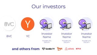 Our investors
Investor
Name
Founder of X,
CEO of Y
Investor
Name
Founder of X,
CEO of Y
Investor
Name
Founder of X,
CEO of Y
and others from
8VC YC
 