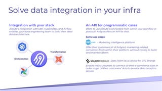 Integration with your stack
Airbyte’s integration with DBT, Kubernetes, and Airﬂow
enables your data engineering team to build their ideal
data architecture.
An API for programmatic cases
Want to use Airbyte’s connectors from within your workﬂow or
product? Airbyte offers an API for that.
Some use cases:
- Marketing intelligence platform
Offer their customers all of Airbyte’s marketing-related
connectors from within their platform, without having to build
and maintain them.
- Data Team as a Service for DTC Brands
Enable their customers to connect all their e-commerce tools in
order to get all their customers’ data to provide data analytics
service.
Solve data integration in your infra
 