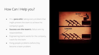● I'm a para-shit, taking every problem that
might prevent the team to achieve the
company's goals
● Success are the team's, failure are my
responsibilities
● Engineering teams works for the company,
I work for the team
● Fixing people problems before they
become a team problem
How Can I Help you?
 
