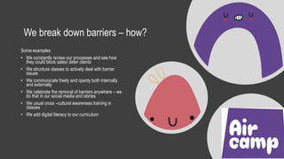 We break down barriers – how?
Some examples
• We constantly review our processes and see how
they could block sales/ deter clients
• We structure classes to actively deal with barrier
issues
• We communicate freely and openly both internally
and externally
• We celebrate the removal of barriers anywhere – we
do that in our social media and stories
• We usual cross –cultural awareness training in
classes
• We add digital literacy to our curriculum
 