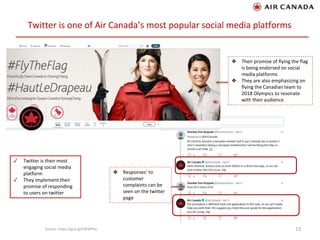 Twitter is one of Air Canada’s most popular social media platforms
13
❖ Responses’ to
customer
complaints can be
seen on the twitter
page
❖ Their promise of flying the flag
is being endorsed on social
media platforms
❖ They are also emphasizing on
flying the Canadian team to
2018 Olympics to resonate
with their audience
✓ Twitter is their most
engaging social media
platform
✓ They implement their
promise of responding
to users on twitter
Source: https://goo.gl/EWWfVq
 