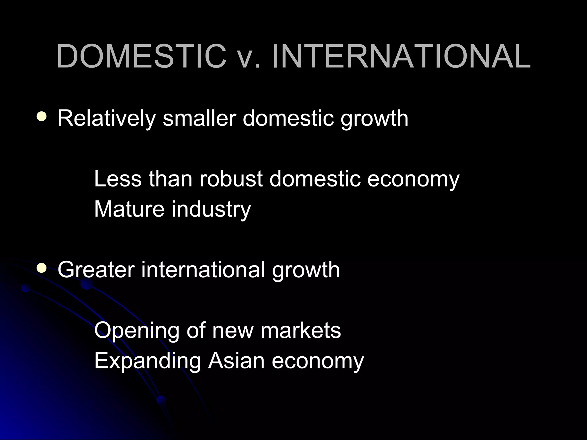 DOMESTIC v. INTERNATIONAL Relatively smaller domestic growth Less than robust domestic economy Mature industry Greater international growth Opening of new markets Expanding Asian economy 