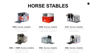 H M C h o r s e s t a b l e
Collapsible, A-contour, three
horse configuration
H M A h o r s e s t a b l e H AY h o r s e s t a b l e
Specially designed for B737/757, three
horse configuration
H M L / H M R h o r s e s t a b l e
Lightweight version of the
HML/HMR horse stable
H M J h o r s e s t a b l e
Lightweight, drop-top, three
horse configuration
H M J h o r s e s t a b l e
Lightweight, contour conversion, three
horse configuration
HORSE STABLES
Three horse configuration, two ramps,
complete interior, animal welfare
 