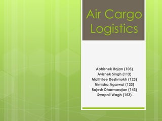 Air Cargo
Logistics


  Abhishek Rajan (103)
   Avishek Singh (113)
Maithilee Deshmukh (123)
 Nimisha Agarwal (133)
Rajesh Dharmarajan (143)
   Swapnil Wagh (153)
 