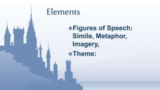 Elements
Figures of Speech:
Simile, Metaphor,
Imagery,
Theme:
 