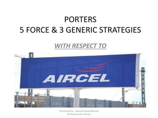 PORTERS
5 FORCE & 3 GENERIC STRATEGIES
WITH RESPECT TO
Presented by : Samuel David Mandal
Amity Business School
 