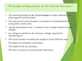 Principle of Operation of Air Circuit Breaker:
 The working principle of Air Circuit breaker is rather different from
other types of circuit breaker.
 The main aim of circuit breaker is to prevent re-establishment of
arcing after current zero.
  During interruption of arc, it creates an arc voltage instead of supply
voltage.
 Arc voltage is defined as the minimum voltage required for
maintaining arc.
 The circuit breaker increases the voltage in three different ways:
1. The degree of ionization is decreases.
2. The length of the arc increases.
3. The area of contact of circuit breaker decreases.
 