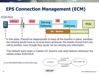 30 © 2012 AIRCOM International Ltd
EPS Connection Management (ECM)
Serving
Gateway
P-
Gateway
S1-U S5LTE-Uu
PDN
End to End Bearer
External BearerS5 - Bearer
In this state, it would be inappropriate to keep all the bearers in place, because
the network would have to re-route them whenever the mobile moved from one
cell to another, even though they would not be carrying any information.
The network tears down a mobile’s S1 bearers and radio bearers whenever the
mobile enters ECM-IDLE
ECM-IDLE
In the EMM-REGISTERED and ECM-IDLE state
 