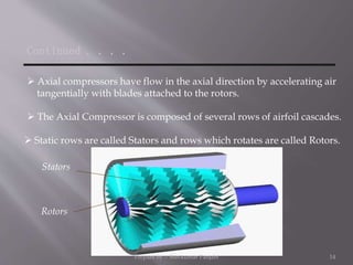 Continued . . . .
 Axial compressors have flow in the axial direction by accelerating air
tangentially with blades attached to the rotors.
 The Axial Compressor is composed of several rows of airfoil cascades.
 Static rows are called Stators and rows which rotates are called Rotors.
Rotors
Stators
Prepare by :- Shivkumar Panjabi 14
 