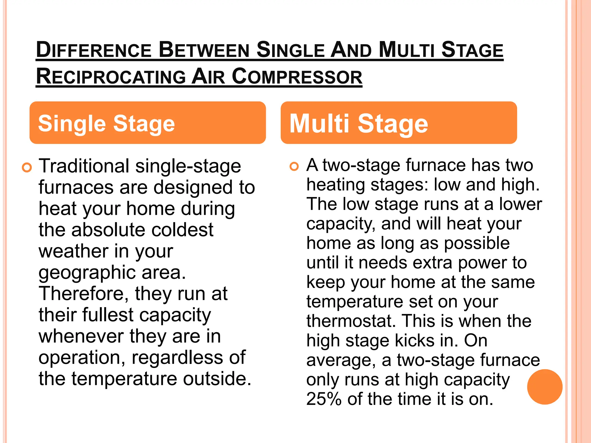 DIFFERENCE BETWEEN SINGLE AND MULTI STAGE
RECIPROCATING AIR COMPRESSOR
 Traditional single-stage
furnaces are designed to
heat your home during
the absolute coldest
weather in your
geographic area.
Therefore, they run at
their fullest capacity
whenever they are in
operation, regardless of
the temperature outside.
 A two-stage furnace has two
heating stages: low and high.
The low stage runs at a lower
capacity, and will heat your
home as long as possible
until it needs extra power to
keep your home at the same
temperature set on your
thermostat. This is when the
high stage kicks in. On
average, a two-stage furnace
only runs at high capacity
25% of the time it is on.
Single Stage Multi Stage
 