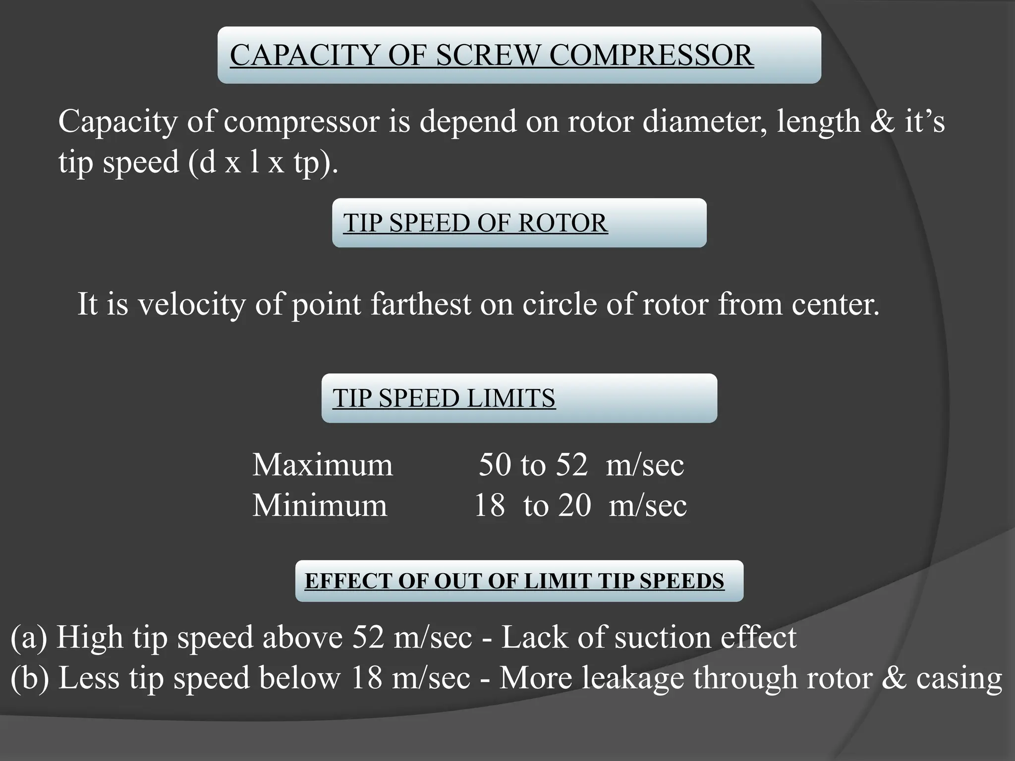 CAPACITY OF SCREW COMPRESSOR
Capacity of compressor is depend on rotor diameter, length & it’s
tip speed (d x l x tp).
TIP SPEED OF ROTOR
TIP SPEED LIMITS
Maximum 50 to 52 m/sec
Minimum 18 to 20 m/sec
EFFECT OF OUT OF LIMIT TIP SPEEDS
(a) High tip speed above 52 m/sec - Lack of suction effect
(b) Less tip speed below 18 m/sec - More leakage through rotor & casing
It is velocity of point farthest on circle of rotor from center.
 