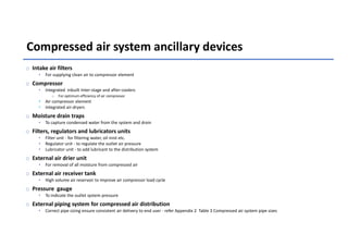 Compressed air system ancillary devices
o Intake air filters
• For supplying clean air to compressor element
o Compressor
• Integrated inbuilt Inter-stage and after-coolers
o For optimum efficiency of air compressor
• Air compressor element
• Integrated air-dryers
o Moisture drain traps
• To capture condensed water from the system and drain
o Filters, regulators and lubricators units
• Filter unit - for filtering water, oil mist etc.
• Regulator unit - to regulate the outlet air pressure
• Lubricator unit - to add lubricant to the distribution system
o External air drier unit
• For removal of all moisture from compressed air
o External air receiver tank
• High volume air reservoir to improve air compressor load cycle
o Pressure gauge
• To indicate the outlet system pressure
o External piping system for compressed air distribution
• Correct pipe sizing ensure consistent air delivery to end user - refer Appendix 2 Table 3 Compressed air system pipe sizes
 