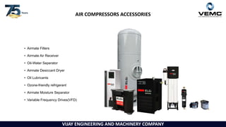 VIJAY ENGINEERING AND MACHINERY COMPANY
• Airmate Filters
• Airmate Air Receiver
• Oil-Water Seperator
• Airmate Desiccant Dryer
• Oil Lubricants
• Ozone-friendly refrigerant
• Airmate Moisture Separator
• Variable Frequency Drives(VFD)
AIR COMPRESSORS ACCESSORIES
 